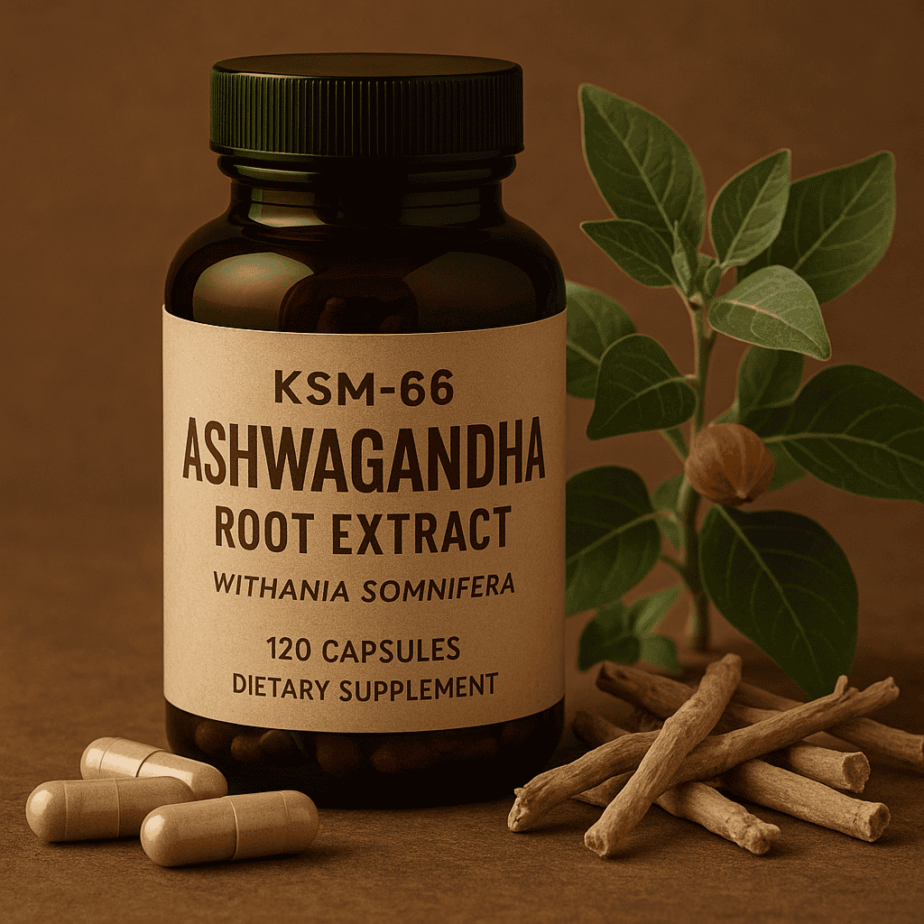 KSM-66 ashwagandha root extract with Withania somnifera plant and powder