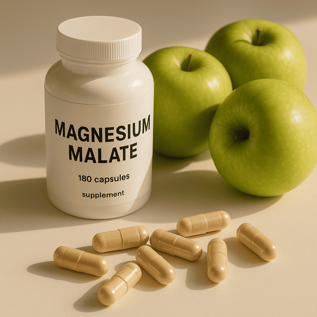 Magnesium malate supplement capsules and malic acid apples