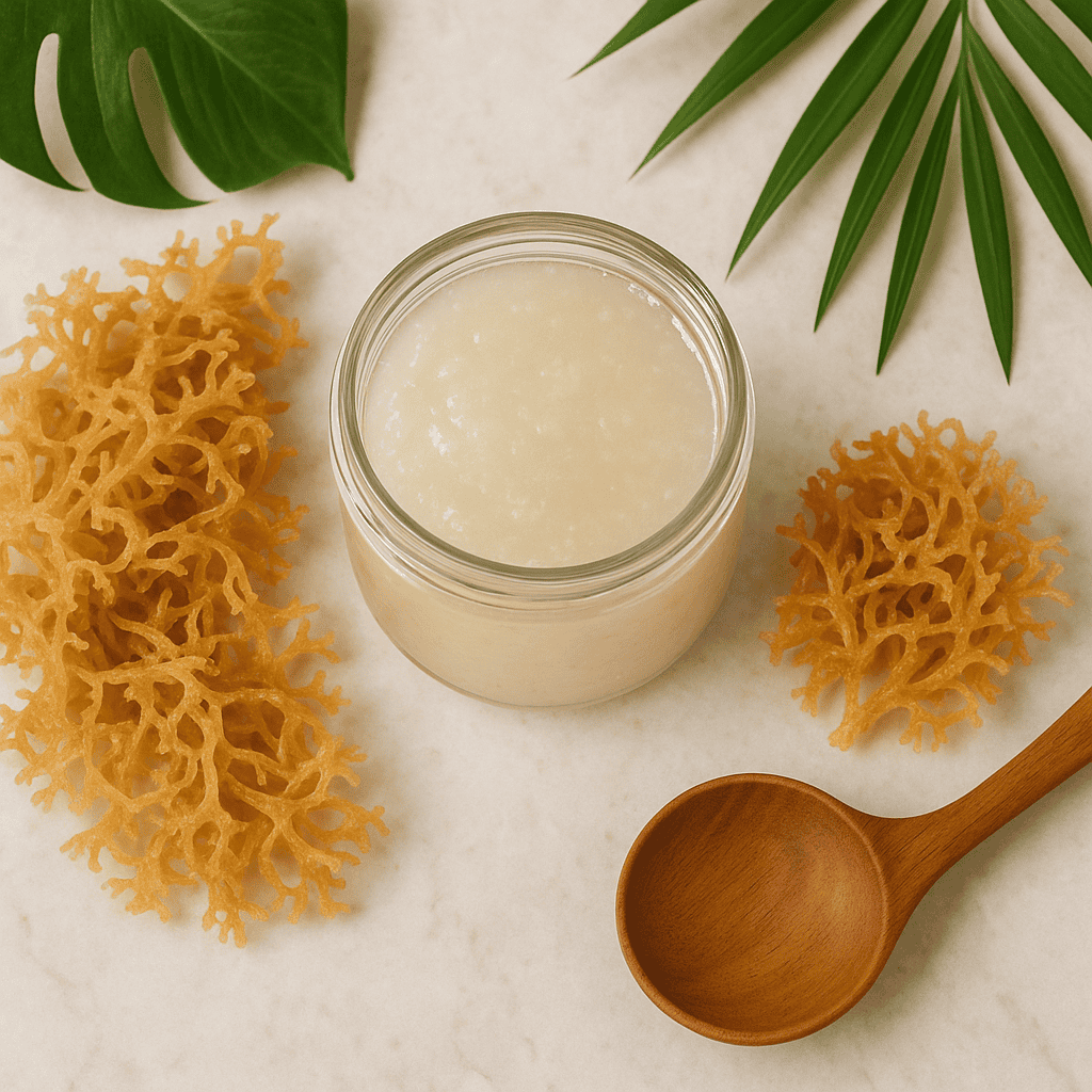 Sea moss gel in a glass jar next to dried sea moss and a spoon
