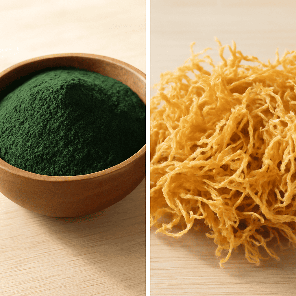 Sea moss gel jar next to spirulina powder with a green smoothie
