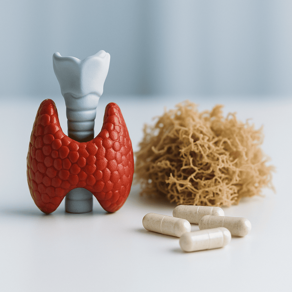 Sea moss gel in a bowl with thyroid anatomy diagram