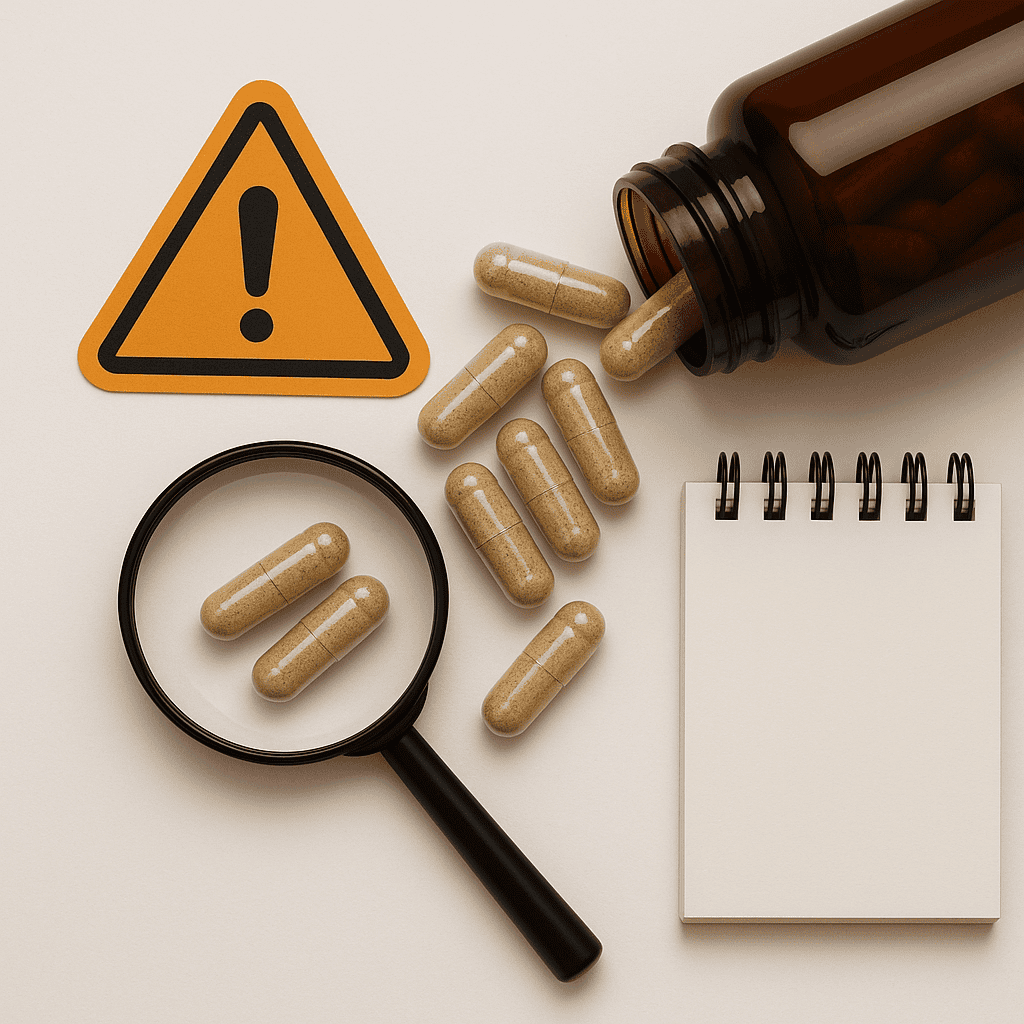 Warning icons next to sea moss gel and supplement capsules