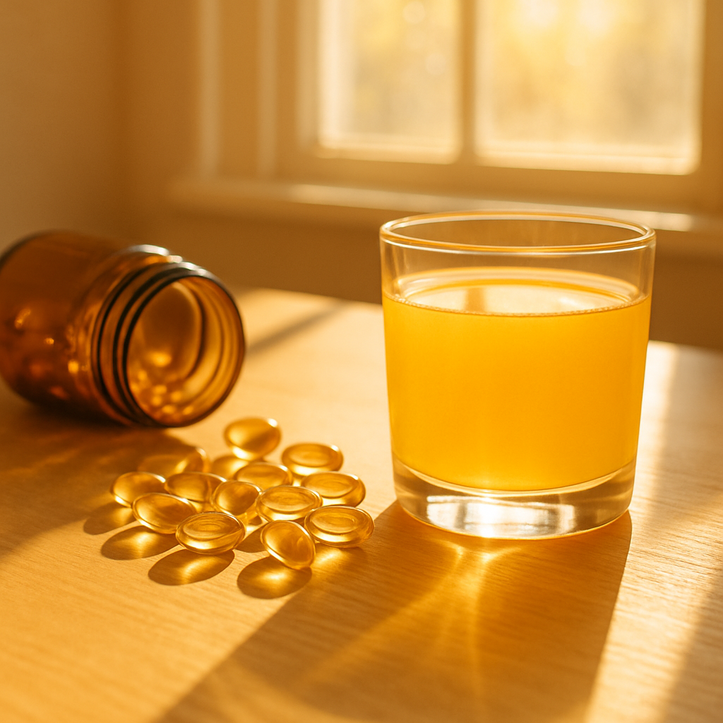Vitamin D supplements guide showing D3 capsules, sunlight exposure, and food sources
