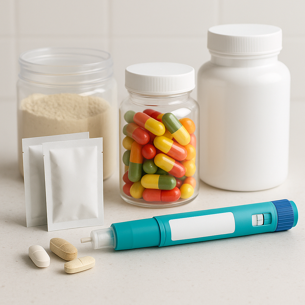 Supplements for GLP-1 and Ozempic users showing protein powder, electrolytes, vitamins and fiber