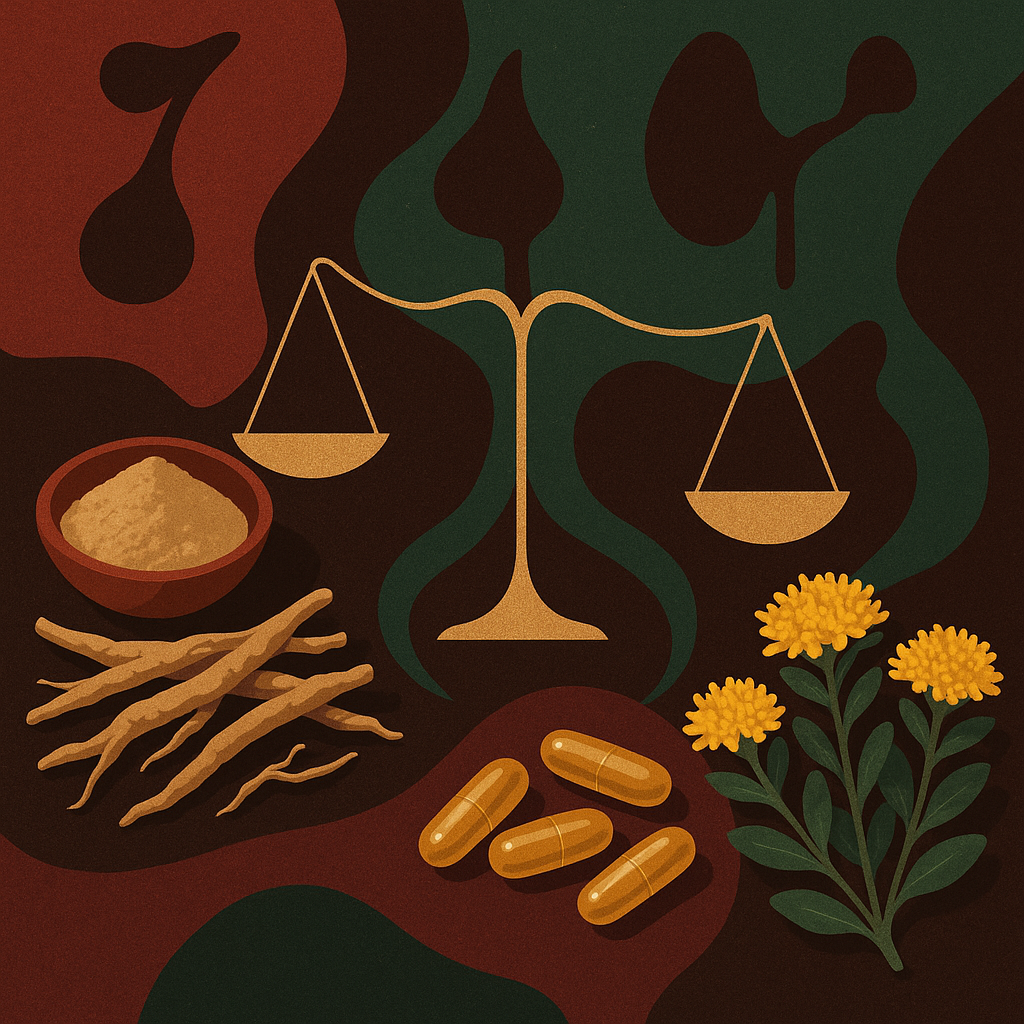 Hormone optimization supplements including ashwagandha, tongkat ali, and DIM on a wooden surface