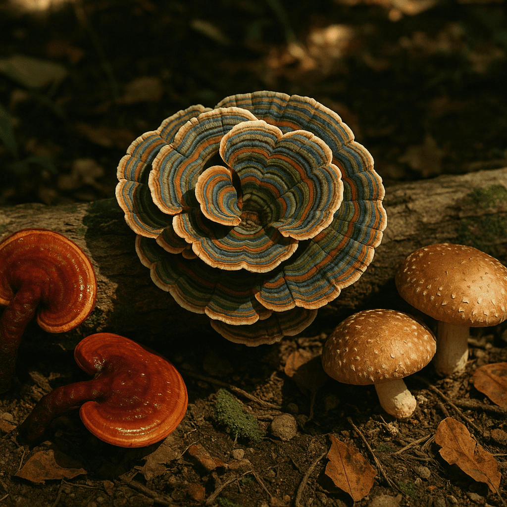Array of functional mushroom species including lion's mane, reishi, turkey tail, chaga, shiitake, maitake, and cordyceps displayed on natural wood surface