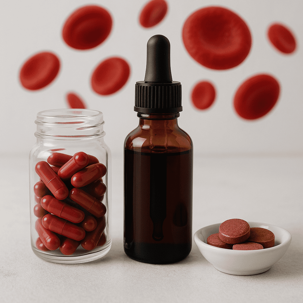 Various iron supplement forms including capsules, liquid, and tablets next to iron-rich foods like spinach and red meat