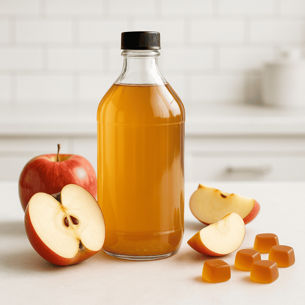 Apple cider vinegar gummies in an amber bottle next to a glass of liquid apple cider vinegar with 'mother' visible