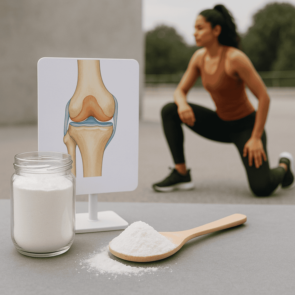 MSM supplement powder and capsules alongside joint diagrams and images of healthy hair and skin