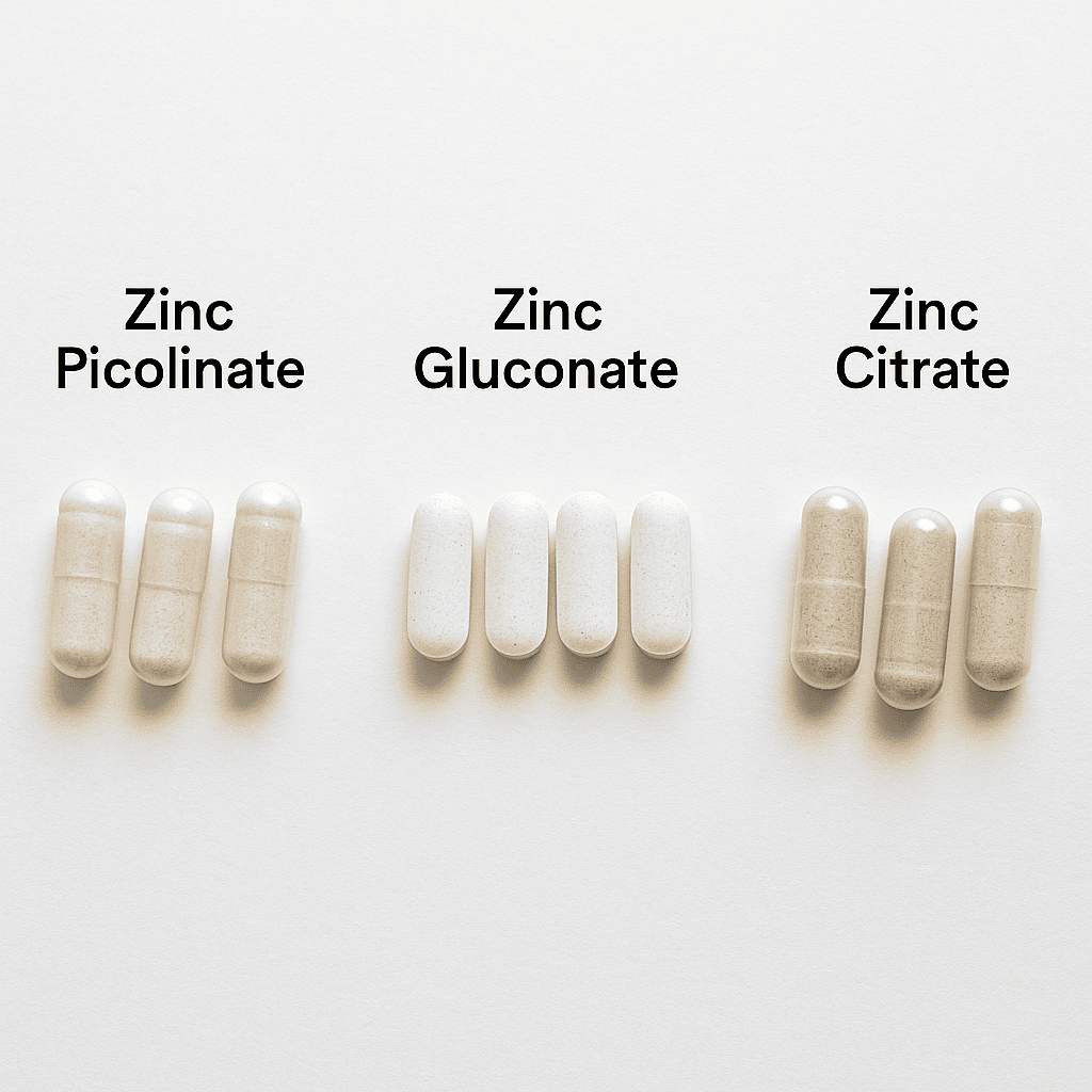 Zinc picolinate capsules with a comparison chart of different zinc supplement forms and absorption rates