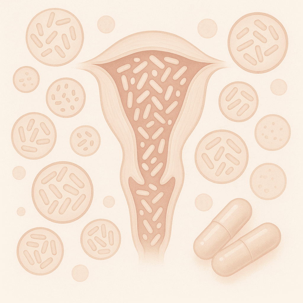 Illustration of the vaginal microbiome showing Lactobacillus bacteria dominance and lactic acid production maintaining acidic pH