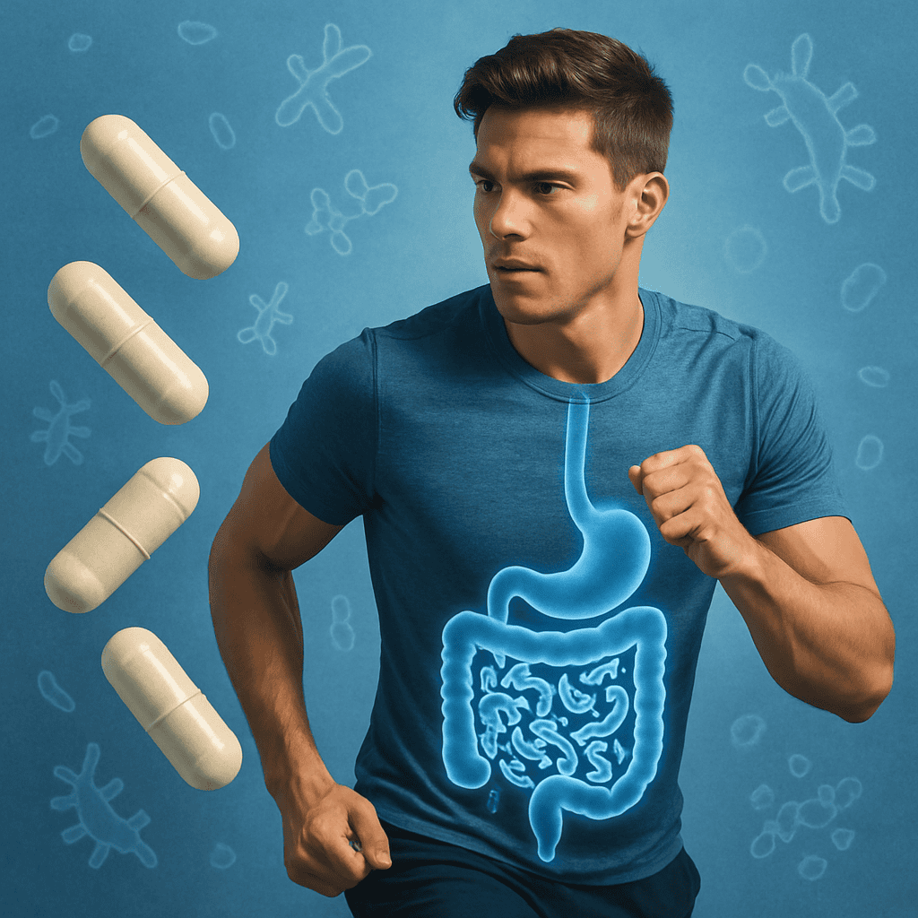 Illustration of male gut microbiome connection to testosterone, muscle recovery, and metabolic health markers