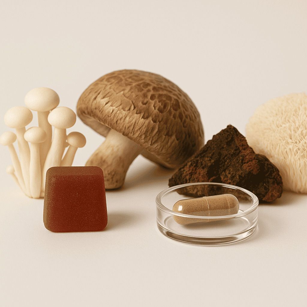Assorted mushroom gummy supplements displayed alongside whole functional mushrooms including lion's mane, reishi, and chaga on a natural wood surface