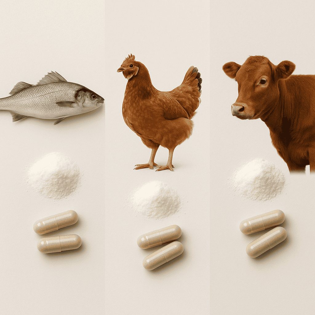 Collagen supplement powder, marine collagen capsules, and bovine collagen peptides displayed alongside salmon, eggs, and bone broth as natural collagen sources
