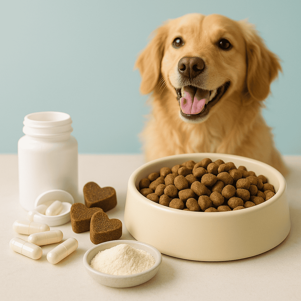 Dog eating from a bowl with probiotic supplement powder mixed into food
