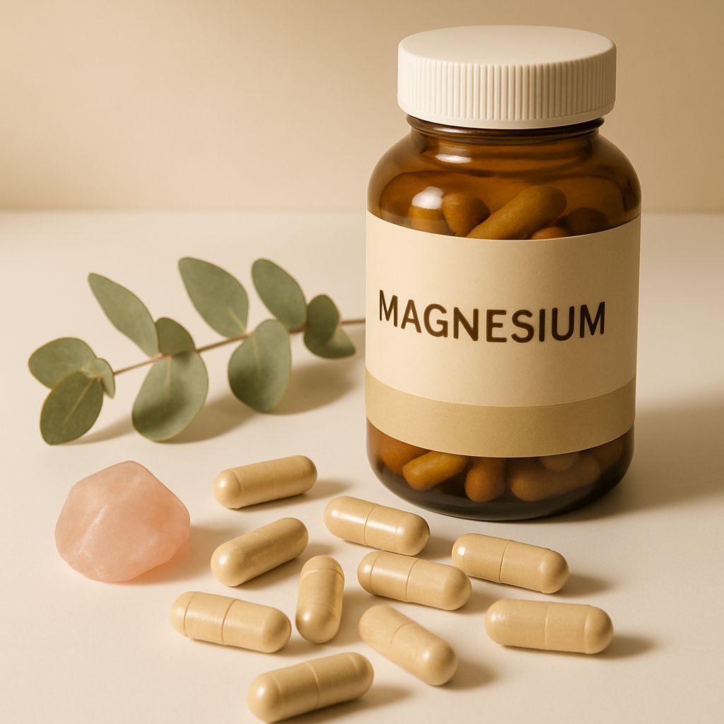 Illustration of a woman's body with labeled systems showing how magnesium affects hormones, bones, muscles, and the nervous system