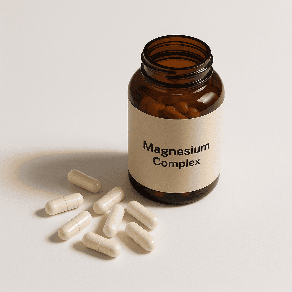 Visual diagram of seven magnesium forms with labels showing their primary tissue targets: brain, muscle, gut, bone, and cardiovascular system