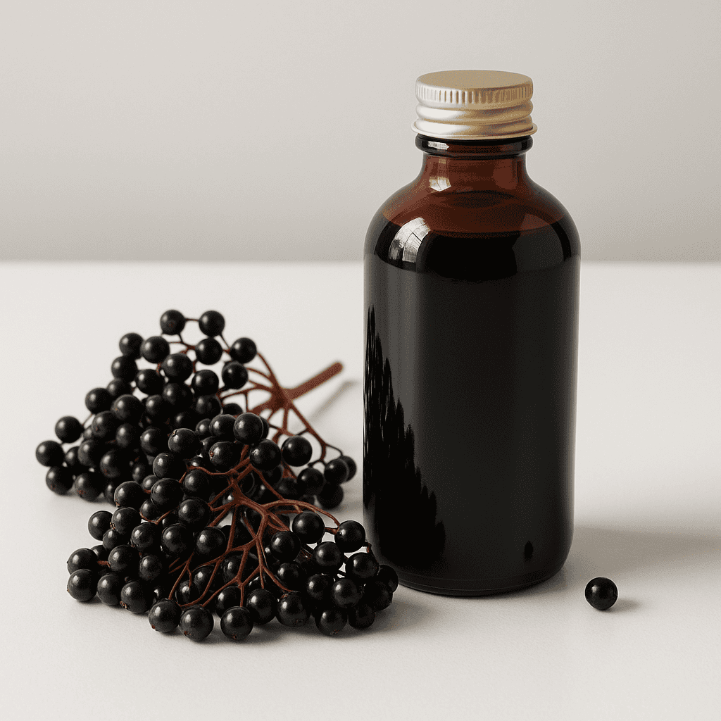 Sambucus elderberry cluster with molecular diagram of anthocyanin structure and arrows showing antiviral mechanism — inhibiting viral hemagglutinin binding to cell surface receptors