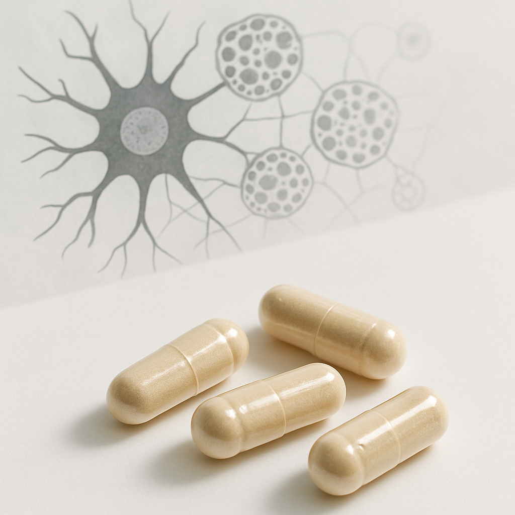 Illustration showing a senescent cell emitting SASP inflammatory signals (shown as red particles) damaging neighboring healthy cells, with senolytic compound clearing it