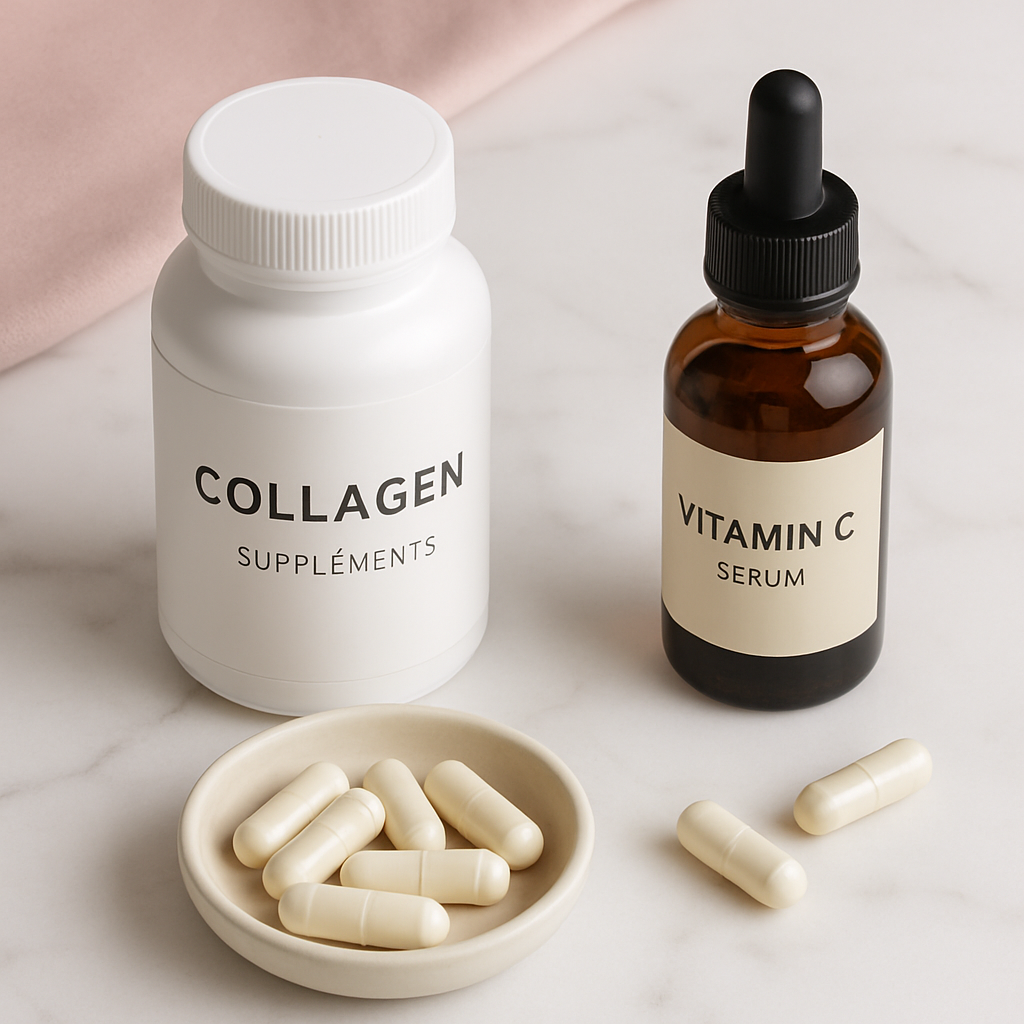 Cross-section diagram of skin layers (epidermis, dermis, subcutaneous) with labeled nutrients supporting each layer: collagen for dermis, omega-3s for barrier, vitamin C for collagen synthesis