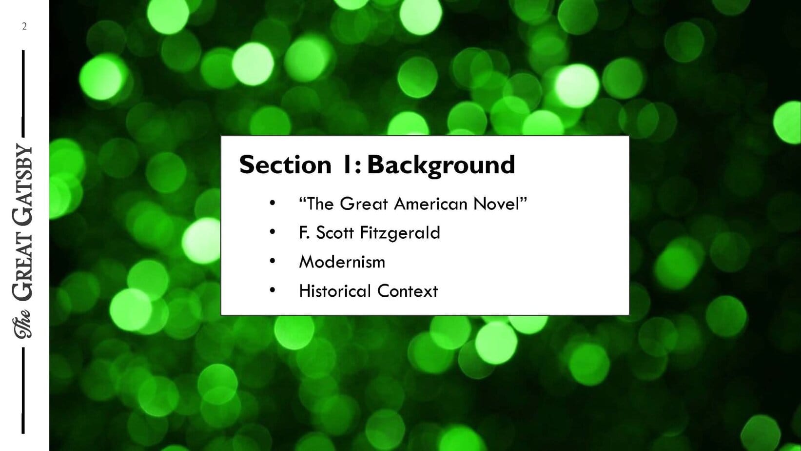 PowerPoint slide on The Great Gatsby background with key themes.