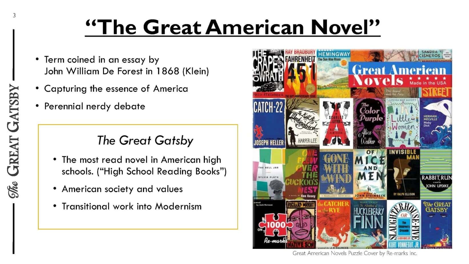 PowerPoint slide introducing The Great Gatsby for educational purposes.