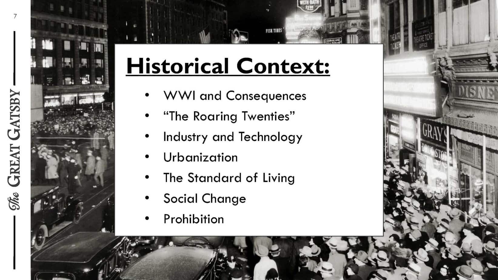 PowerPoint slide on historical context for The Great Gatsby.