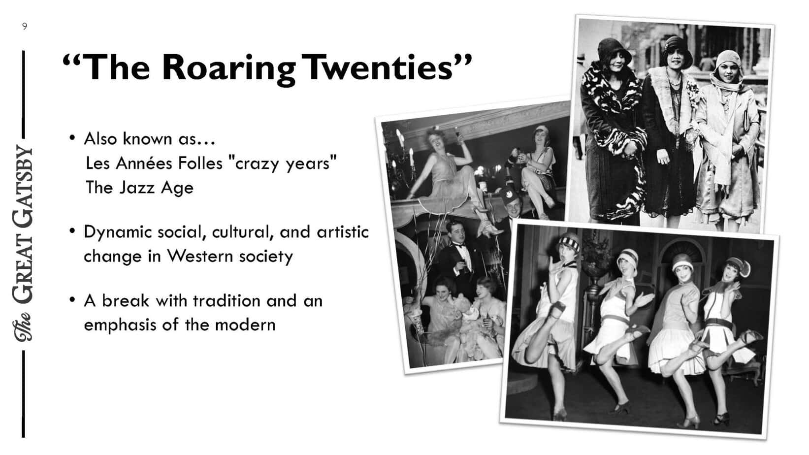 PowerPoint slide on The Great Gatsby with 1920s fashion and themes.