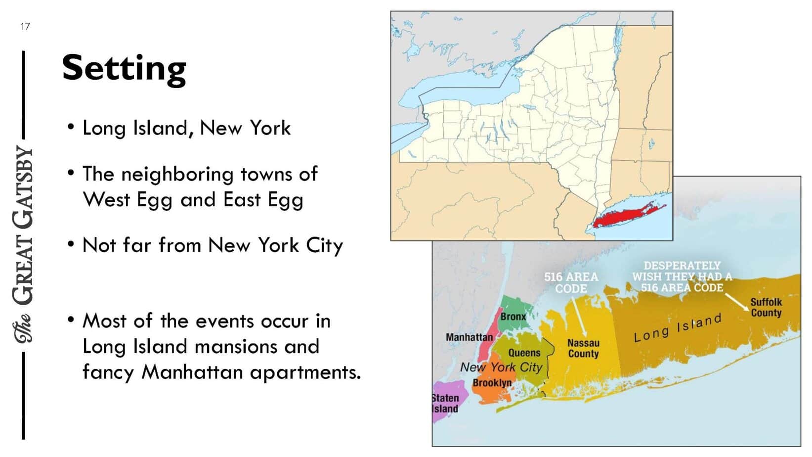PowerPoint slide introducing The Great Gatsby with setting details.