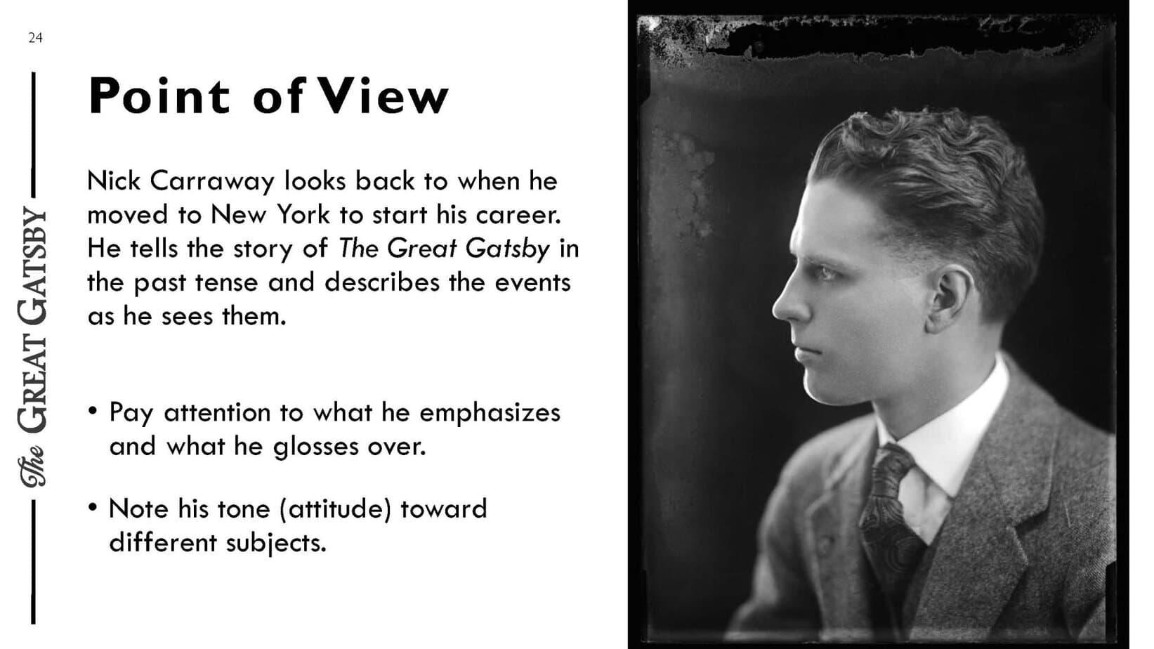 PowerPoint slide on point of view for The Great Gatsby with a young man in profile.