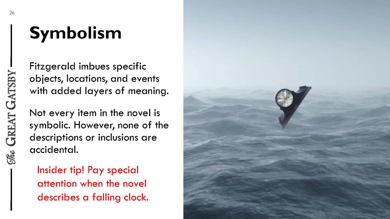 PowerPoint slide on symbolism from The Great Gatsby with a sinking clock image.