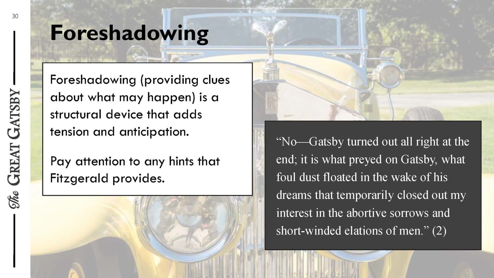 PowerPoint slide for The Great Gatsby introduction and analysis.