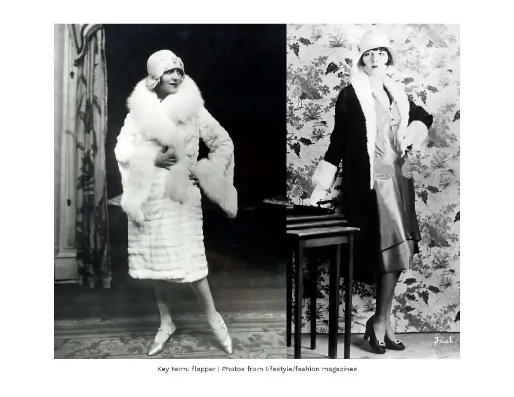 Vintage 1920s fashion: women in elegant flapper dresses and cloche hats.