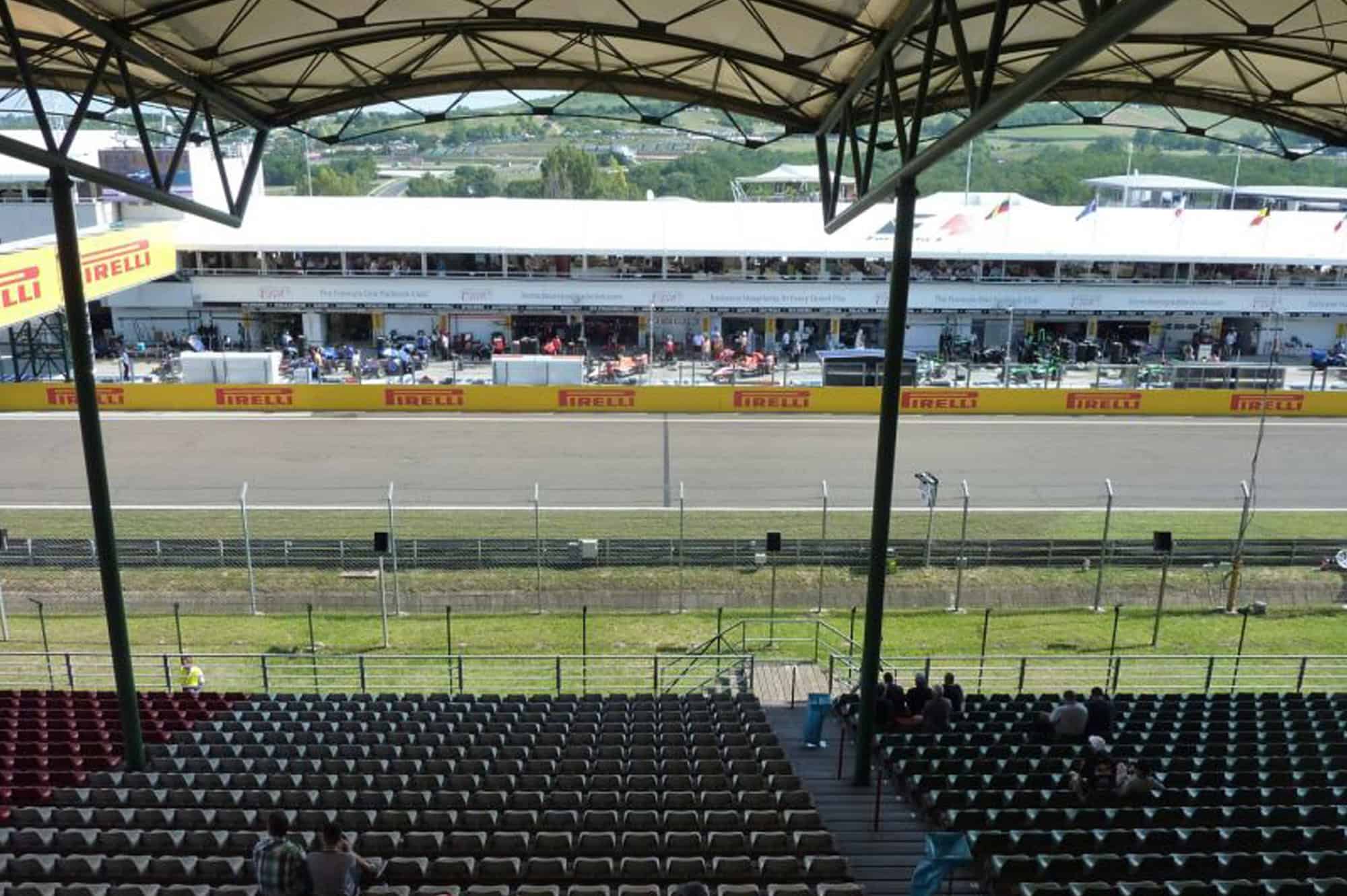 Hungarian Grand Prix racing circuit grandstands with Pirelli barriers and spectator seating at Budap
