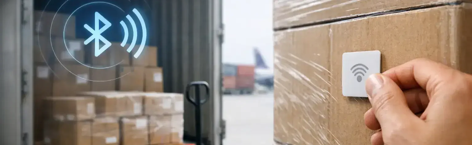 Person using wireless sensor tag on cargo for real-time tracking.