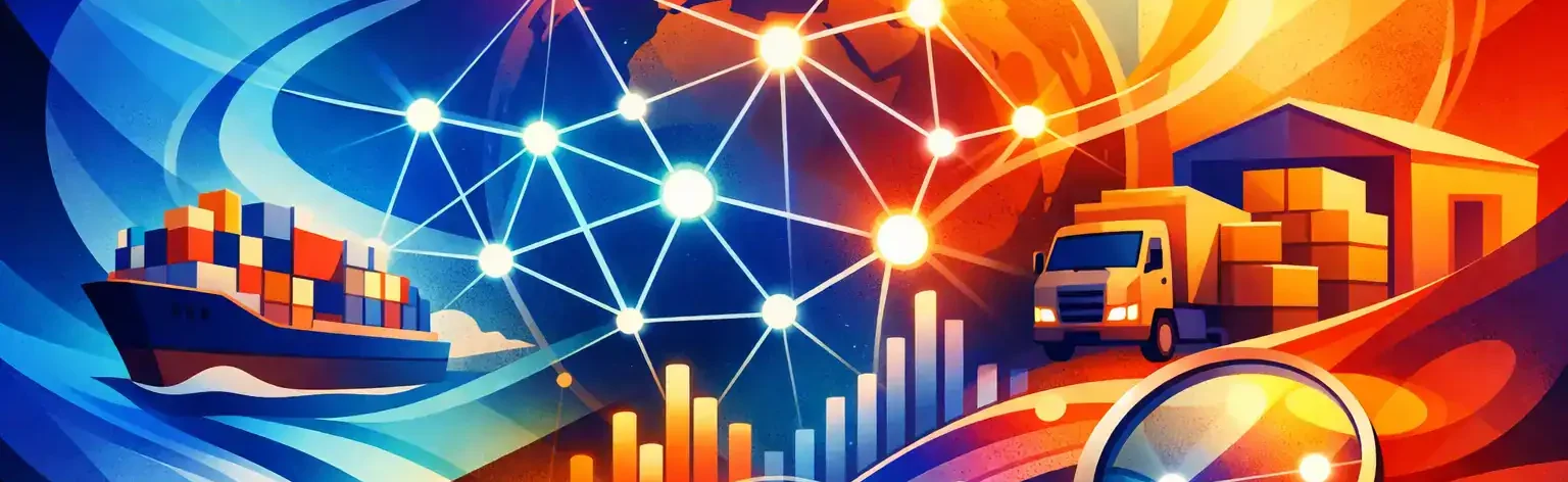 Supply Chain Visibility Network Illustration Global cargo monitoring with wireless sensors and connected devices.
