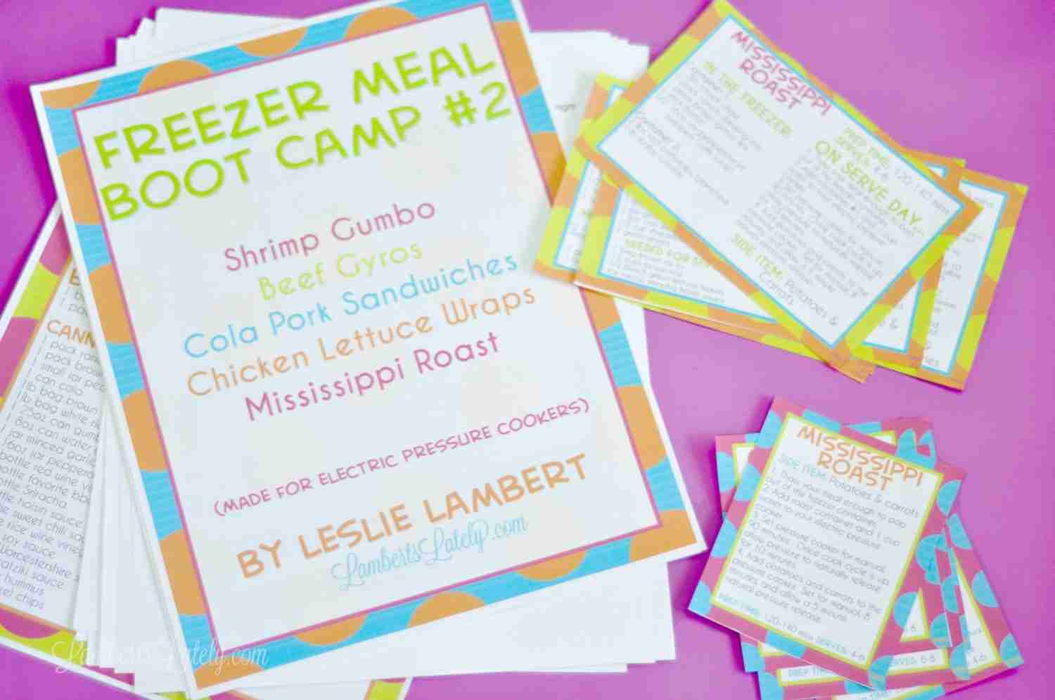 freezer meal printables on a purple background.