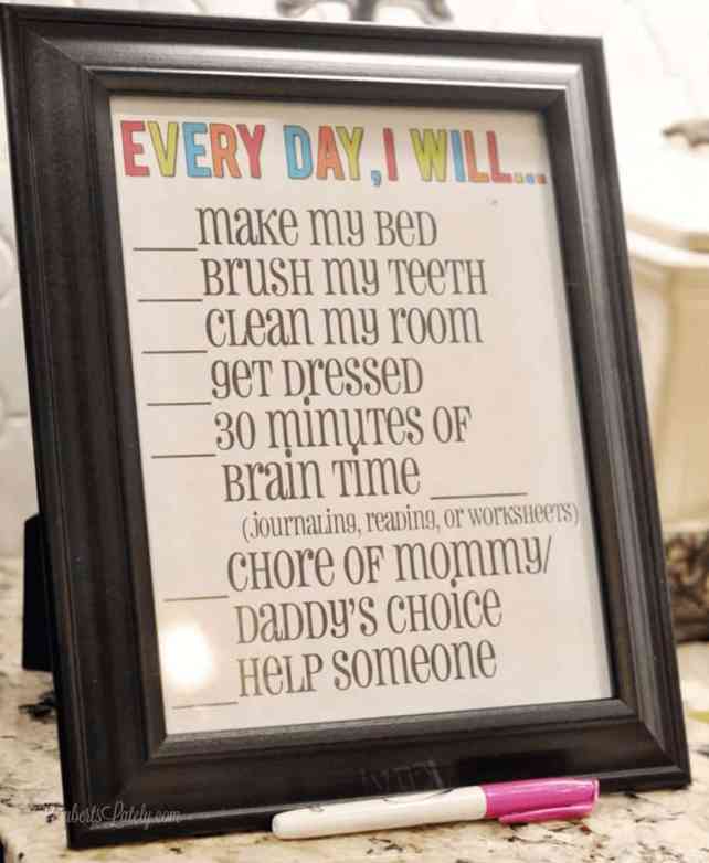framed chore chart.
