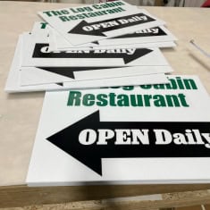 Durable black and white directional sign for Long County restaurant, indicating open daily hours, ideal for outdoor use and customer guidance.