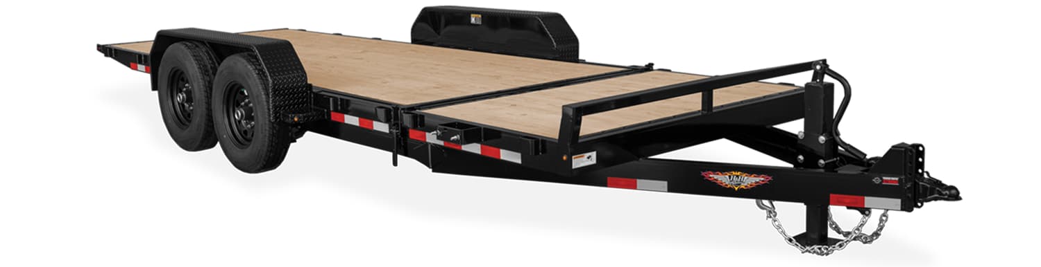 High-quality flatbed trailer for sale at I39 Supply, ideal for transporting equipment and vehicles. Durable construction with dual axles and a wooden deck for versatile hauling needs.