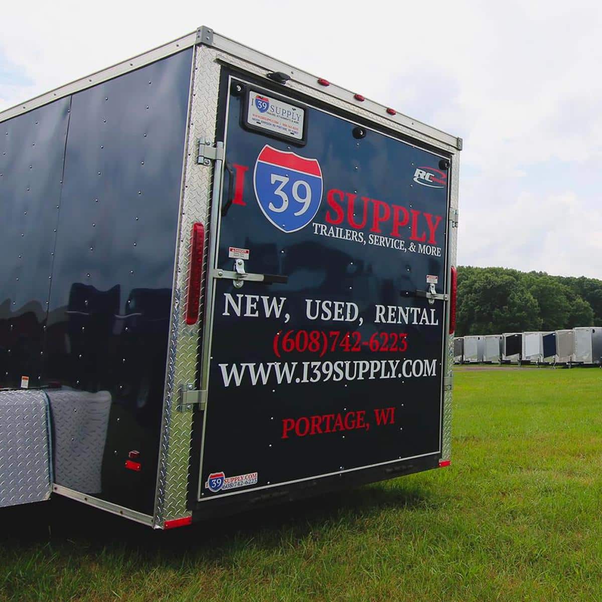 Commercial trailer with I39 Supply branding, offering new, used, and rental trailers in Portage, WI.
