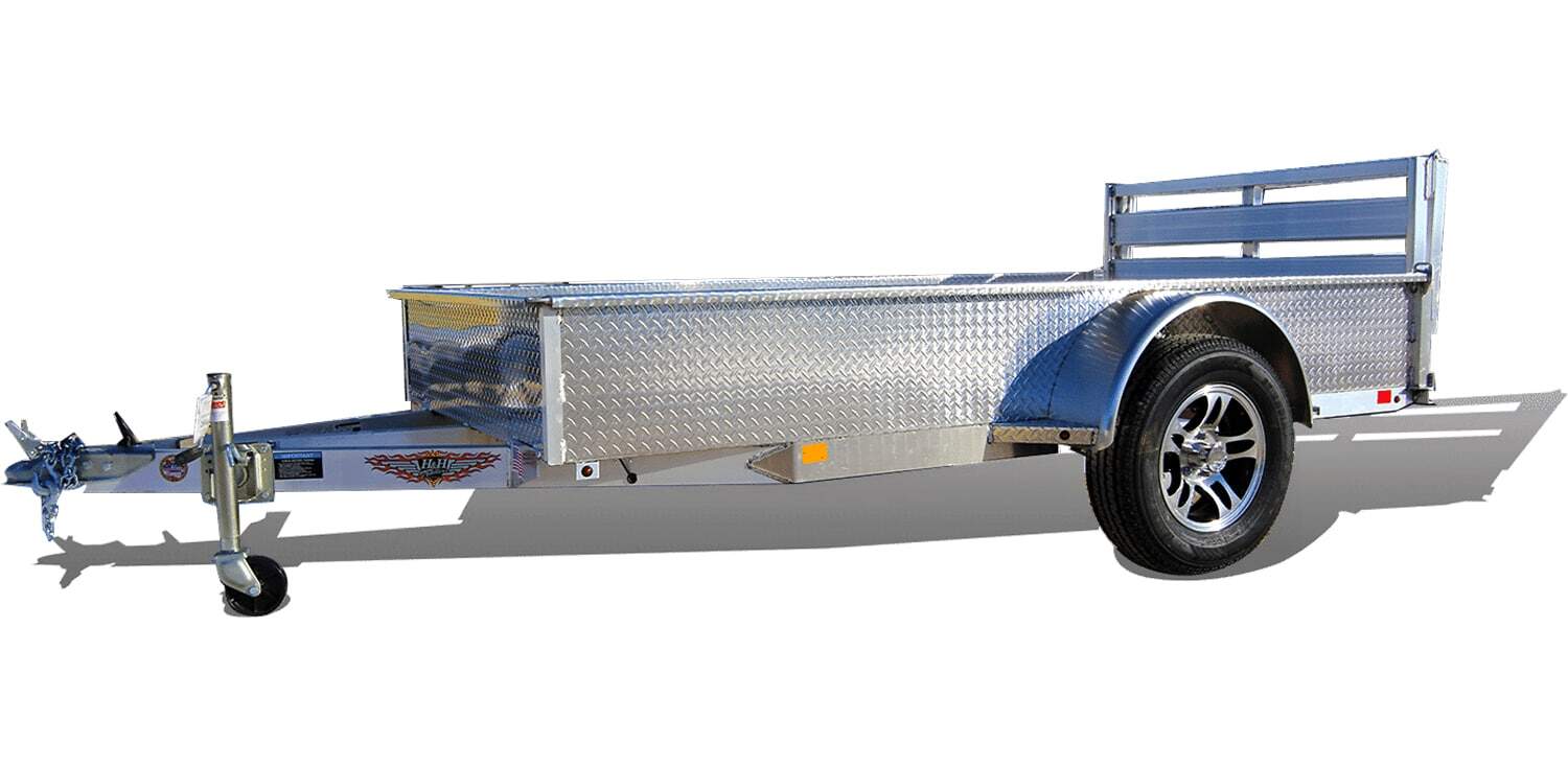 Heavy-duty utility trailer with aluminum sides and single axle, ideal for transporting equipment and goods. Perfect for commercial and personal use.