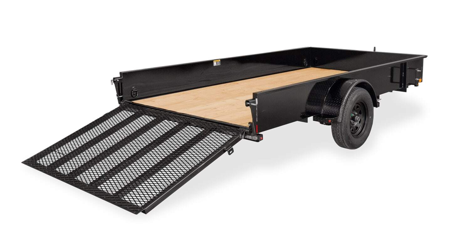 Heavy-duty flatbed trailer with foldable ramp, ideal for transporting equipment and goods, available at I39 Supply Trailer Dealership.