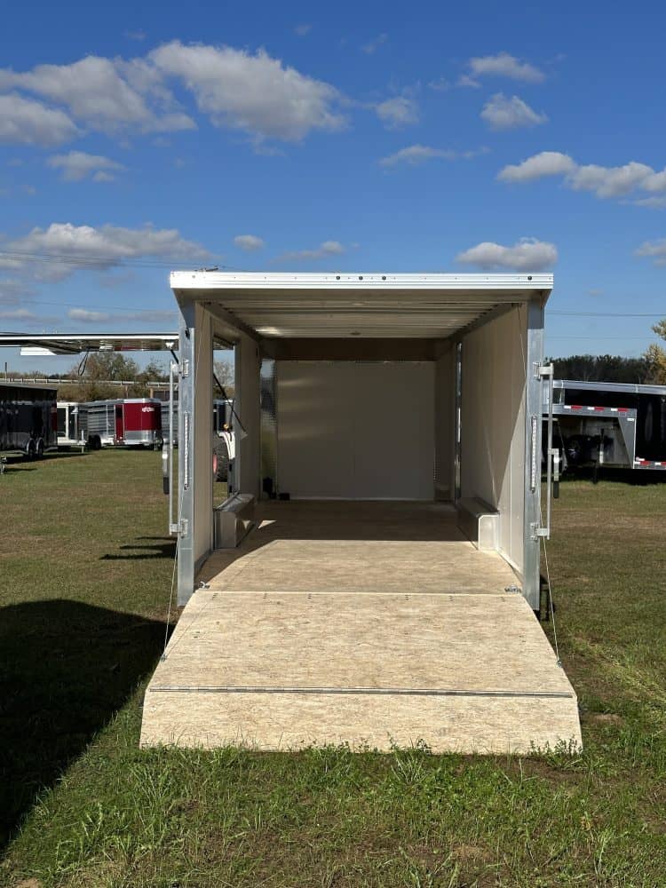 Enclosed car trailer with ramp, ideal for safe and protected vehicle hauling, featuring durable construction and spacious interior for various vehicle sizes.