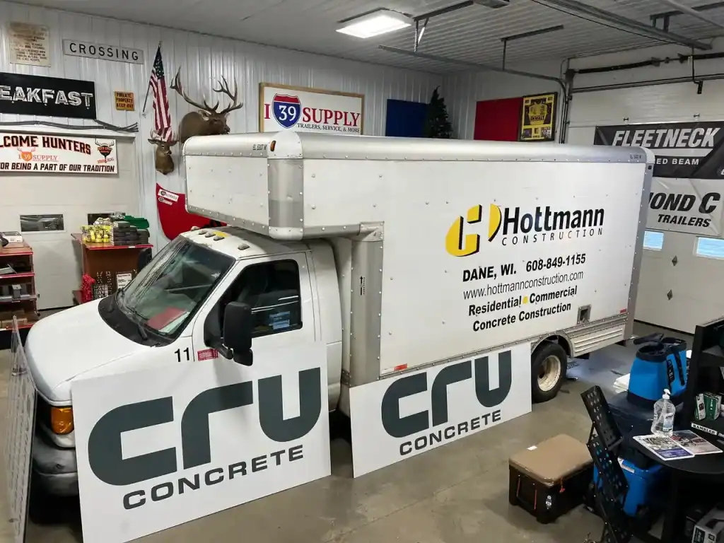 Heavy-duty concrete construction trailer with CRU Concrete branding at I39 Supply dealership.
