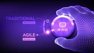 Illustration of Agile development process with digital hand and icons.