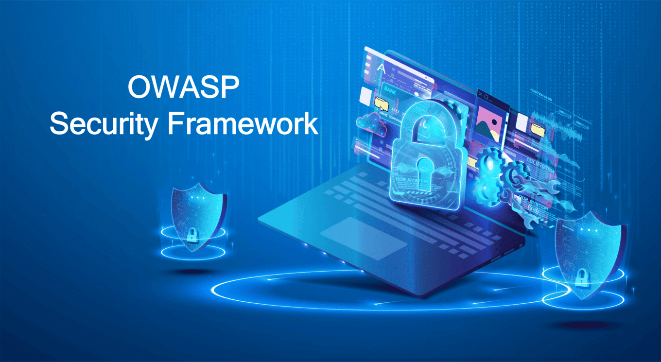 OWASP security framework with digital lock and shield icons on a laptop screen.