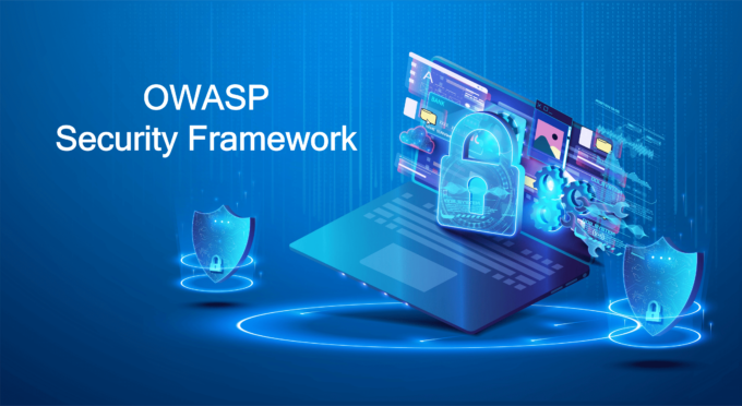 OWASP security framework with digital lock and shield icons on a laptop screen.