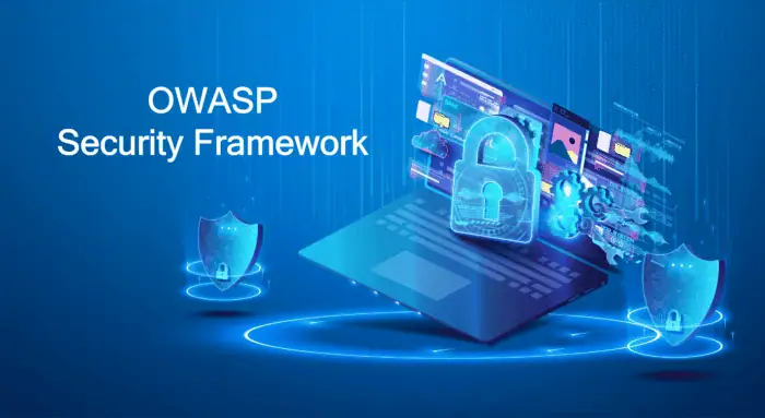 OWASP security framework with digital lock and shield icons on a laptop screen.