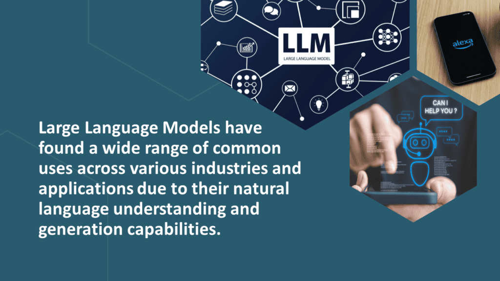 Illustration of Large Language Models (LLMs) and their applications in various industries.